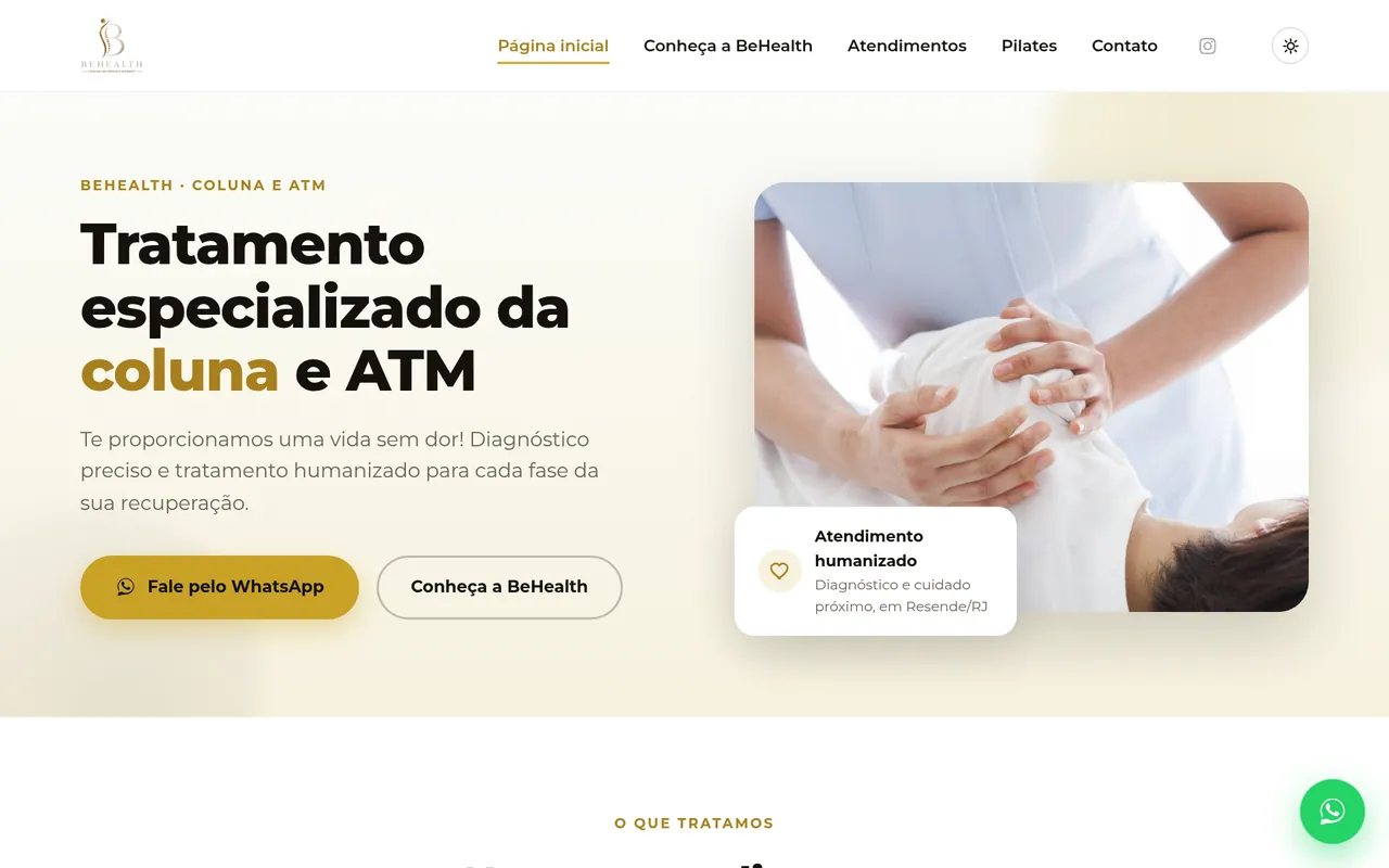 Site da BeHealth: página inicial com o tratamento especializado de coluna e ATM e o botão de WhatsApp